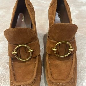 Frame Denim Suede Platform Loafers in Brown with Brass Ring